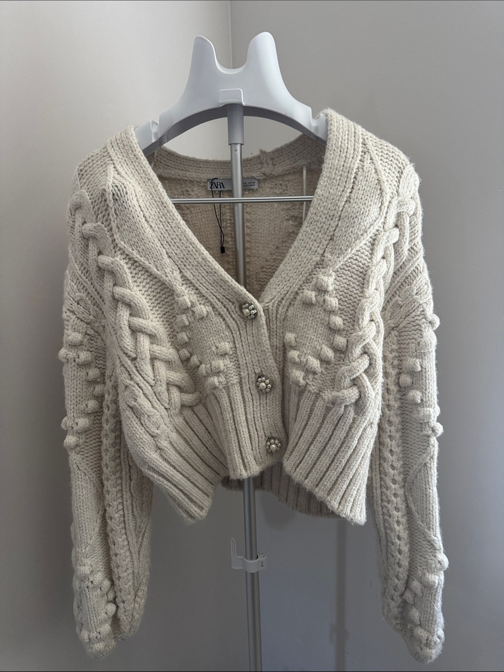 Zara Ivory Cable-Knit V-Neck Cardigan with Embellished Buttons